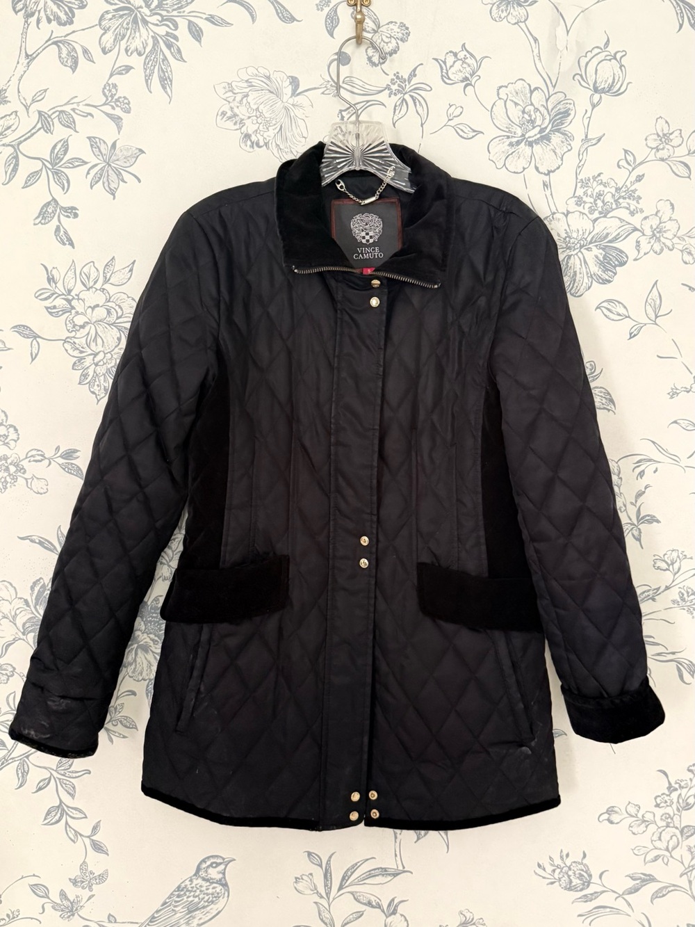 Vince Camuto Quilted Black Coat with Velvet Trim